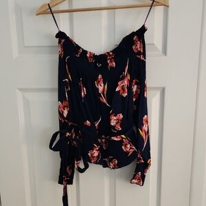 Express Navy Floral Off-Shoulder Tie-Waist Camisole